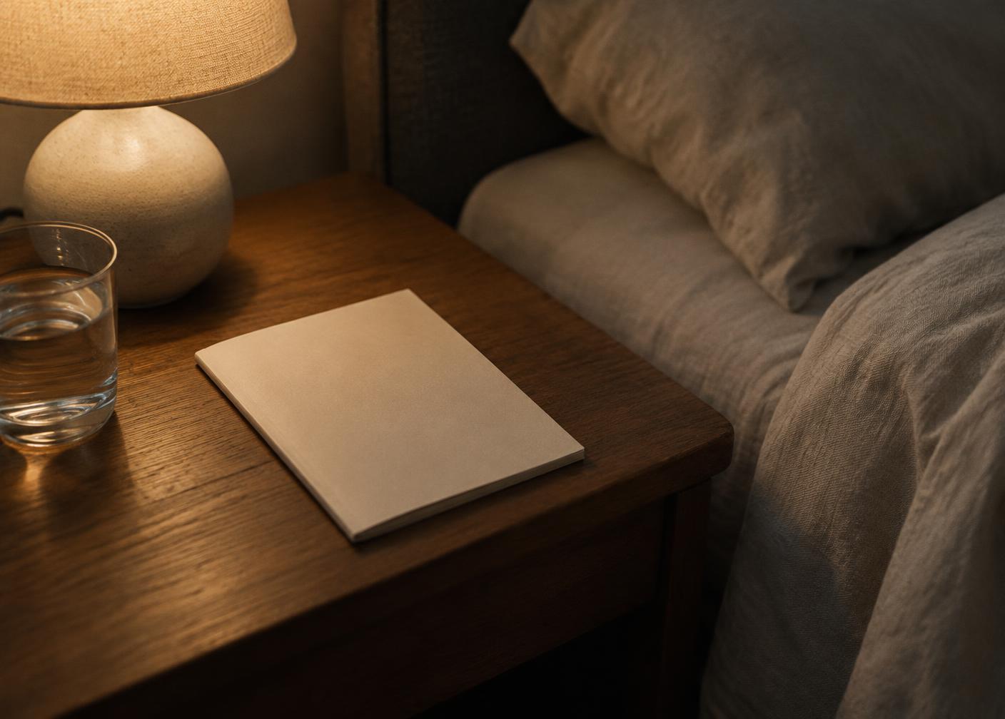 A Calm Theory guide resting on a bedside table in warm evening light
