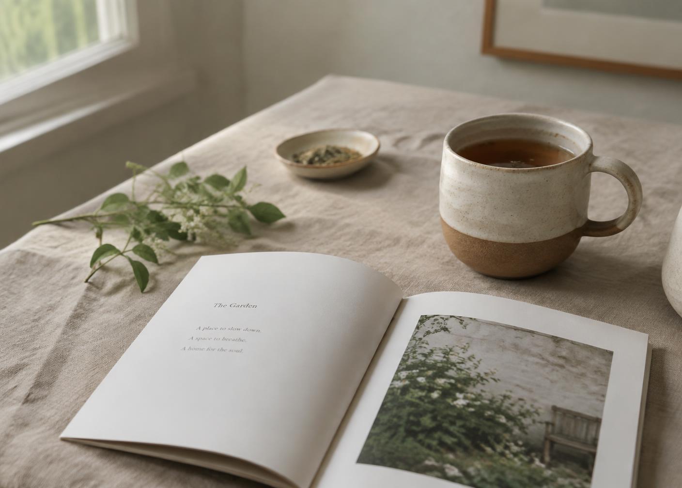 A printed Calm Theory guide open beside a cup of tea in morning light